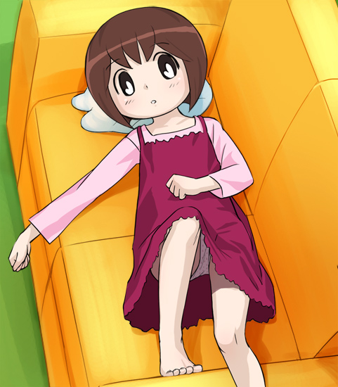 haruyama kazunori, mamegoma akane, kupuu!! mamegoma!, barefoot, brown hair, couch, feet, loli, panties, short hair, solo, underwear