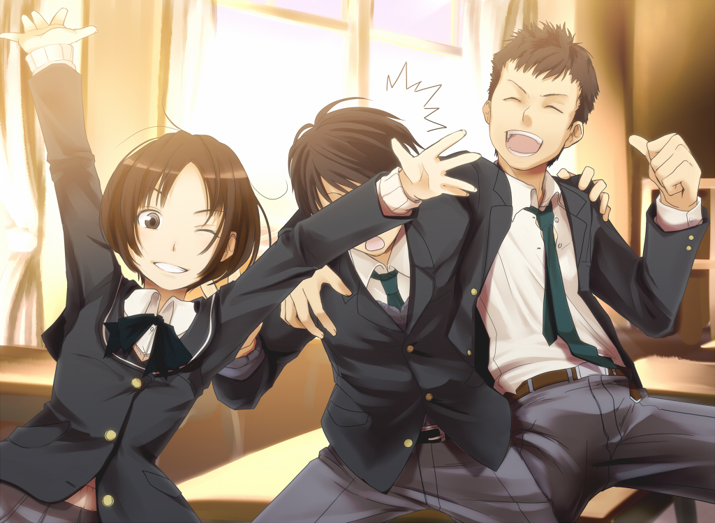 painpa, miya (amagami), tachibana jun'ichi, tachibana miya, umehara masayoshi, amagami, 1girl, 2boys, blazer, multiple boys, necktie, ribbon, school uniform, short hair