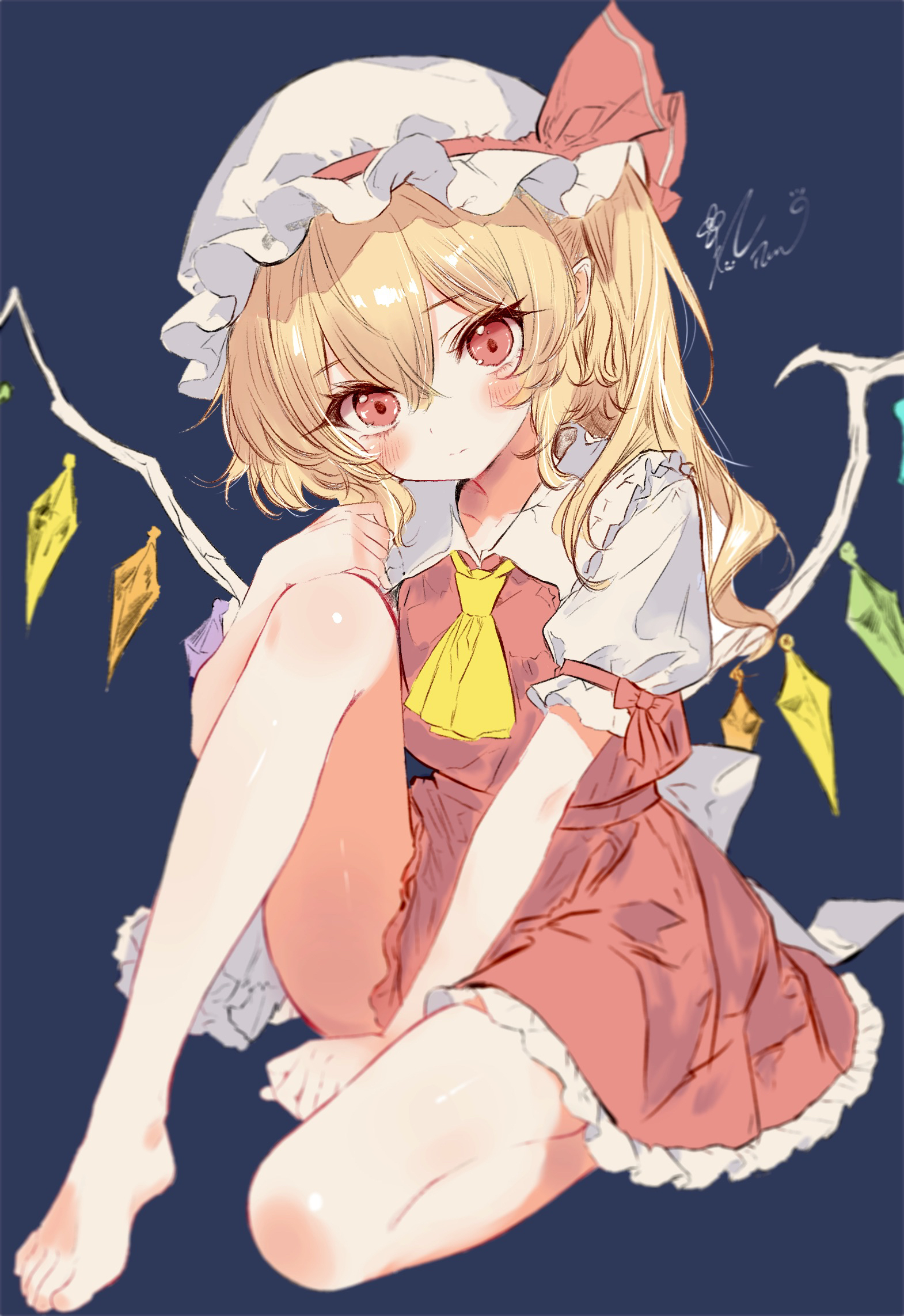 ichiya refi, flandre scarlet, touhou, commentary, highres, 1girl, ascot, bare legs, barefoot, blonde hair, blue background, blush, crystal wings, frilled hat, frilled sailor collar, frills, hair between eyes, hat, hat ribbon, knee up, looking at viewer, mob cap, one side up, pointy ears, puffy short sleeves, puffy sleeves, red eyes, red ribbon, red skirt, red vest, ribbon, sailor collar, shirt, short sleeves, signature, simple background, sitting, skirt, solo, toes, vest, white hat, white shirt, wings, yellow ascot