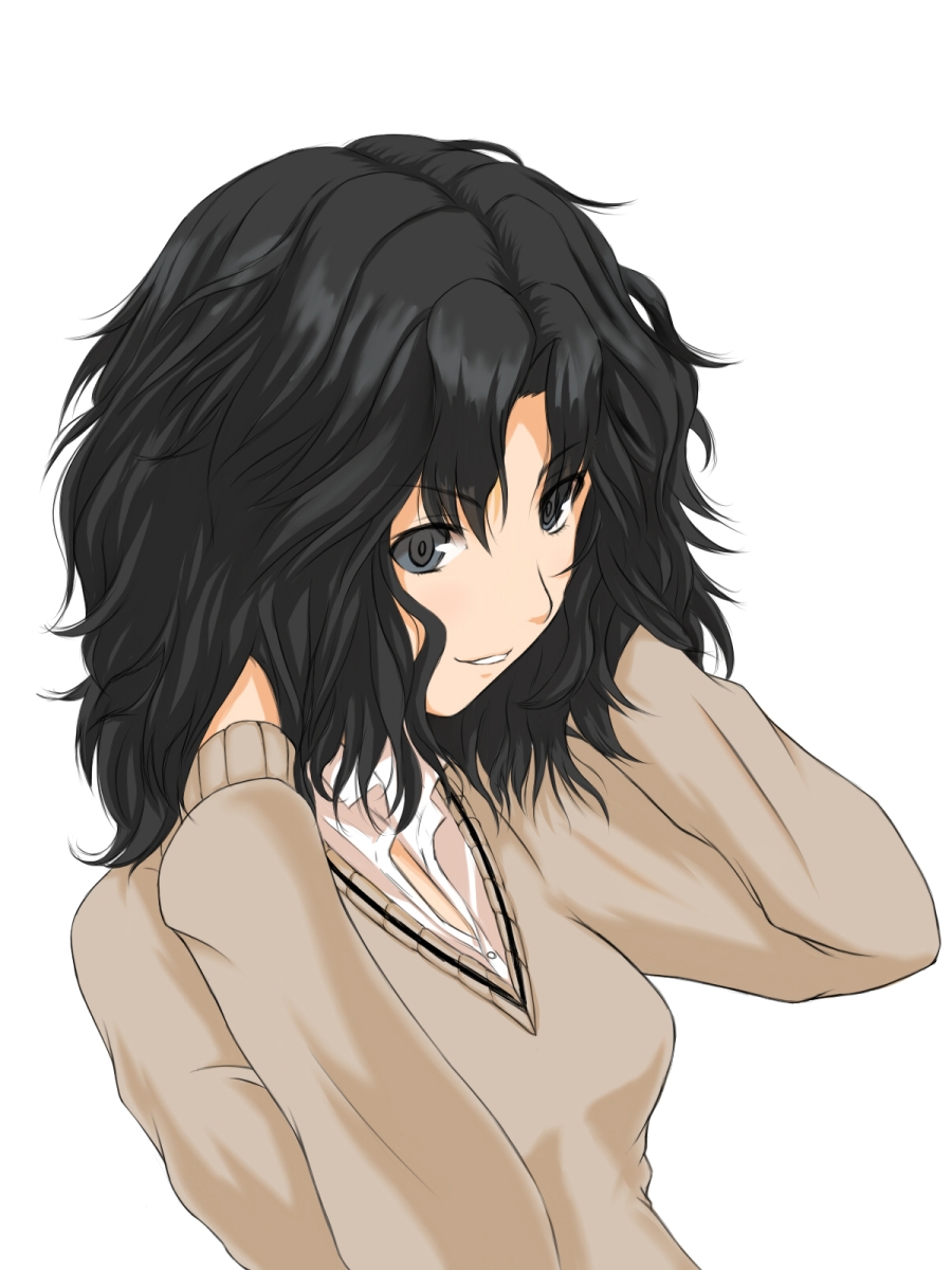 sei15, tanamachi kaoru, amagami, looking away, highres, 1girl, adjusting hair, black hair, female focus, grey eyes, grin, messy hair, parted bangs, profile, school uniform, short hair, simple background, smile, solo, sweater, upper body