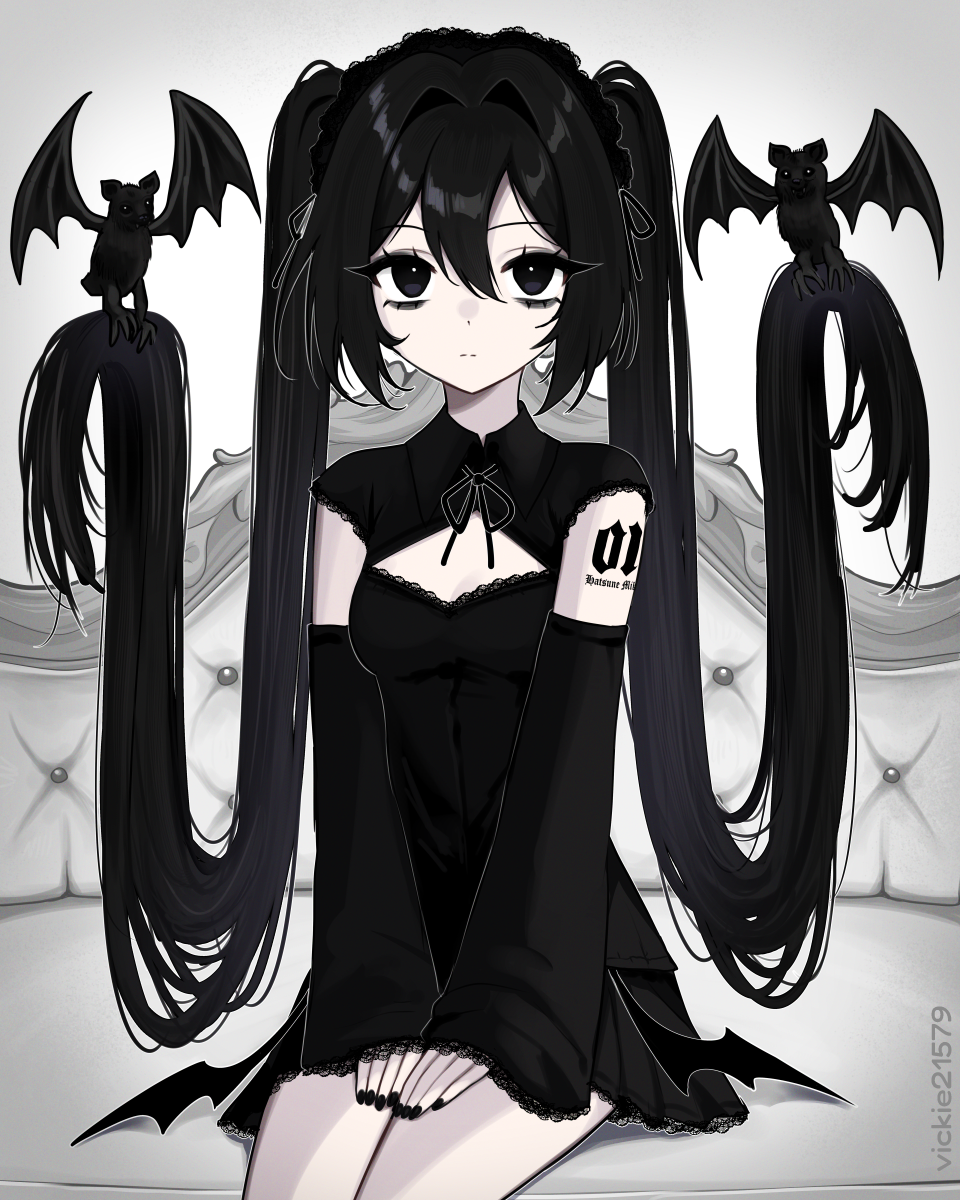 vickie (cryingrobot), hatsune miku, vocaloid, highres, 1girl, above-cleavage cutout, absurdly long hair, artist name, bat (animal), bat wings, black eyes, black eyeshadow, black hair, black nails, black ribbon, black shirt, black skirt, character name tattoo, closed mouth, clothing cutout, collared shirt, detached sleeves, expressionless, eyeshadow, fingernails, frilled hairband, frills, goth fashion, hair between eyes, hair intakes, hairband, hands on own thighs, lace trim, limited palette, long hair, long sleeves, looking at viewer, makeup, number tattoo, prehensile hair, ribbon, shirt, sitting, skirt, solo, tattoo, twintails, v arms, very long hair, wide sleeves, wings