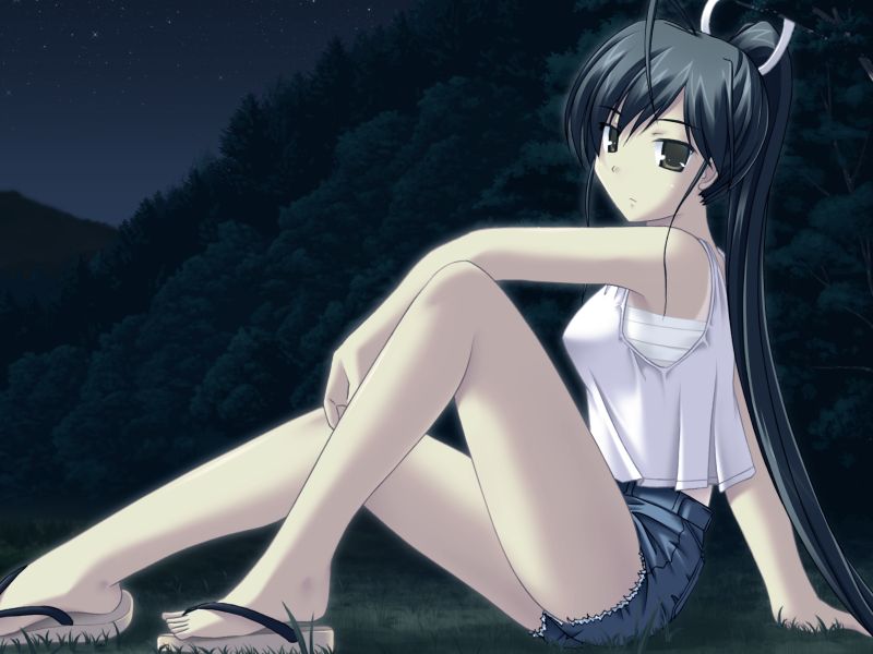 shikato miyo, kuryuu misaki, hoshitsuguyo, game cg, 1girl, ahoge, arm support, bare legs, black hair, cutoffs, dark, denim, denim shorts, feet, female focus, flip-flops, forest, frown, grey eyes, legs, long hair, nature, night, night sky, outdoors, ponytail, sandals, sarashi, short shorts, shorts, sitting, sky, solo, tan, tank top, tanline, very long hair