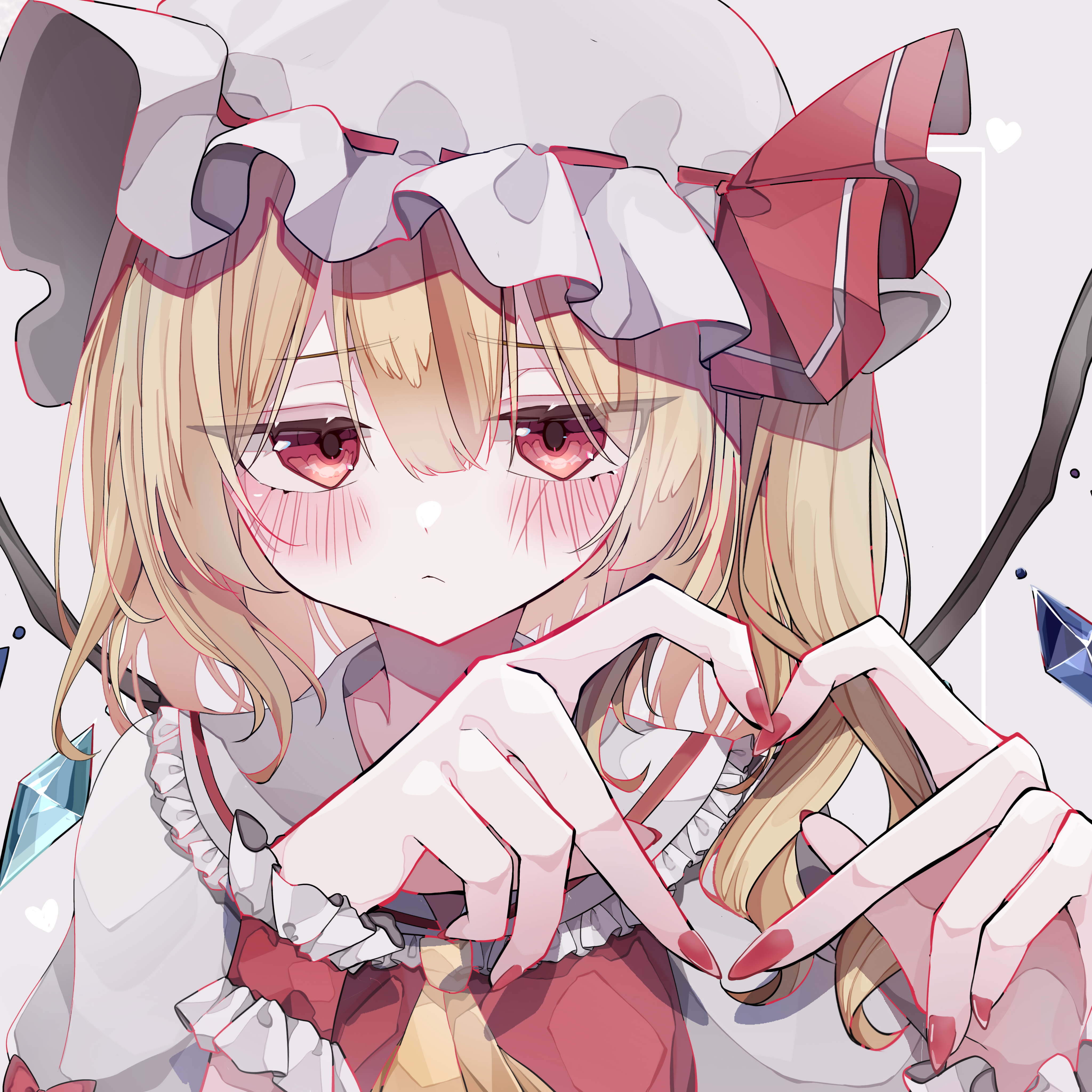 haimu, flandre scarlet, touhou, absurdres, commentary, highres, 1girl, ascot, blonde hair, blush, crystal wings, fingernails, flandre day, four-finger heart hands, frilled hat, frilled sailor collar, frilled wristband, frills, hair between eyes, hat, hat ribbon, heart, heart hands, looking at viewer, mob cap, nail polish, one side up, red eyes, red nails, red ribbon, red vest, ribbon, sailor collar, shirt, simple background, solo, upper body, vest, white background, white hat, white shirt, wings, yellow ascot