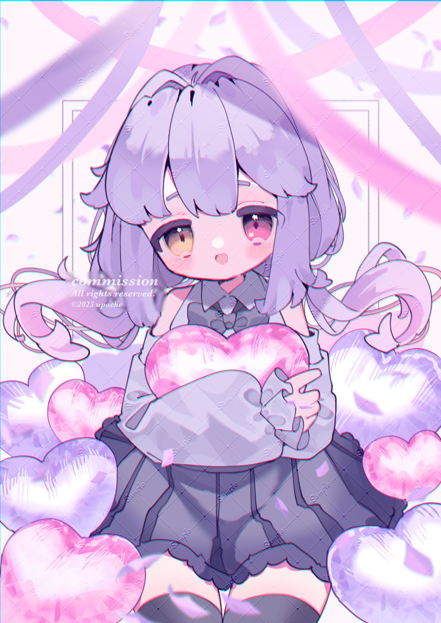 upa papa co, original, commentary, commission, highres, 1girl, :d, artist name, bare shoulders, black bow, black bowtie, black skirt, black thighhighs, blush, bow, bowtie, collared shirt, cowboy shot, detached sleeves, double-parted bangs, frilled sleeves, frills, grey shirt, grey sleeves, heart, heterochromia, holding, holding heart, long hair, long sleeves, looking at viewer, low twintails, open mouth, pleated skirt, purple hair, red eyes, sample watermark, shirt, skirt, sleeveless, sleeveless shirt, smile, solo, thighhighs, twintails, watermark, watermark grid, yellow eyes, zettai ryouiki