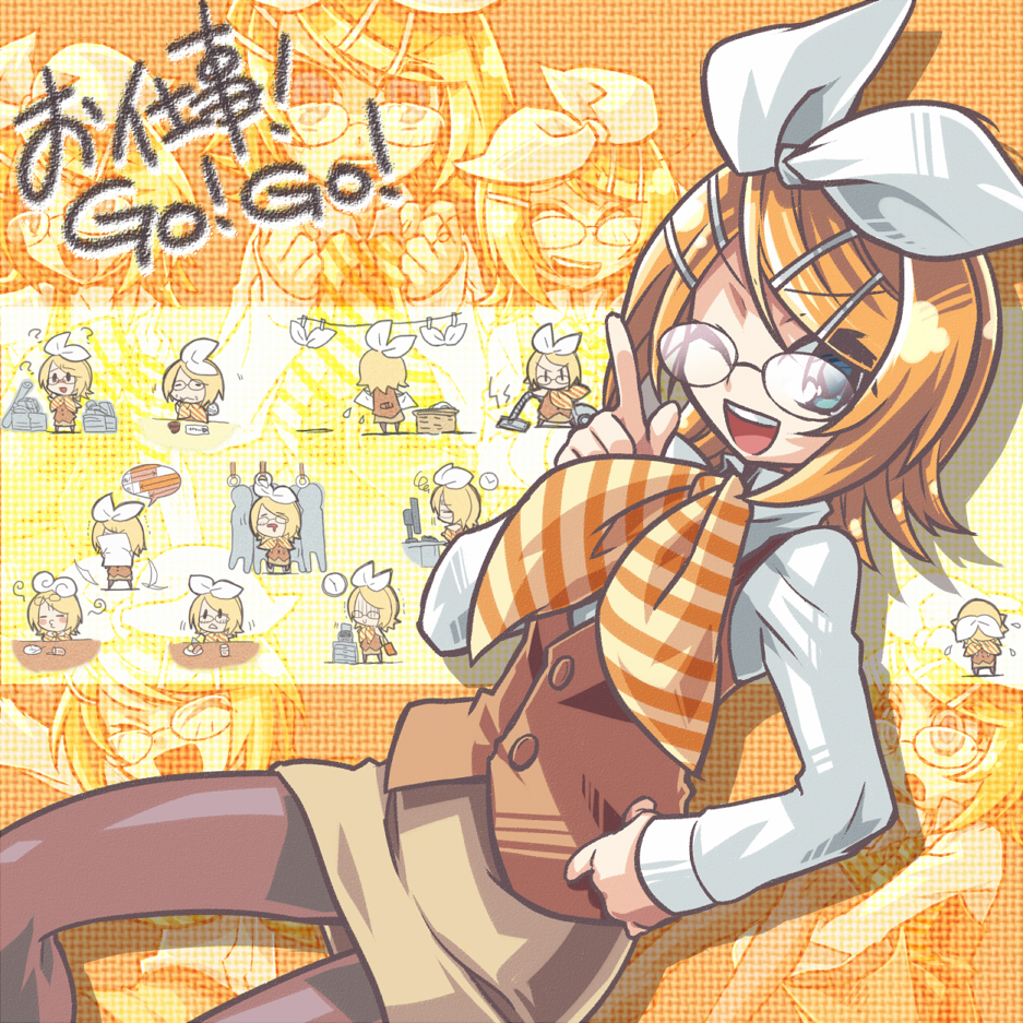 negi (ulog'be), kagamine rin, vocaloid, 1girl, aqua eyes, blonde hair, bow, glasses, hair bow, pantyhose