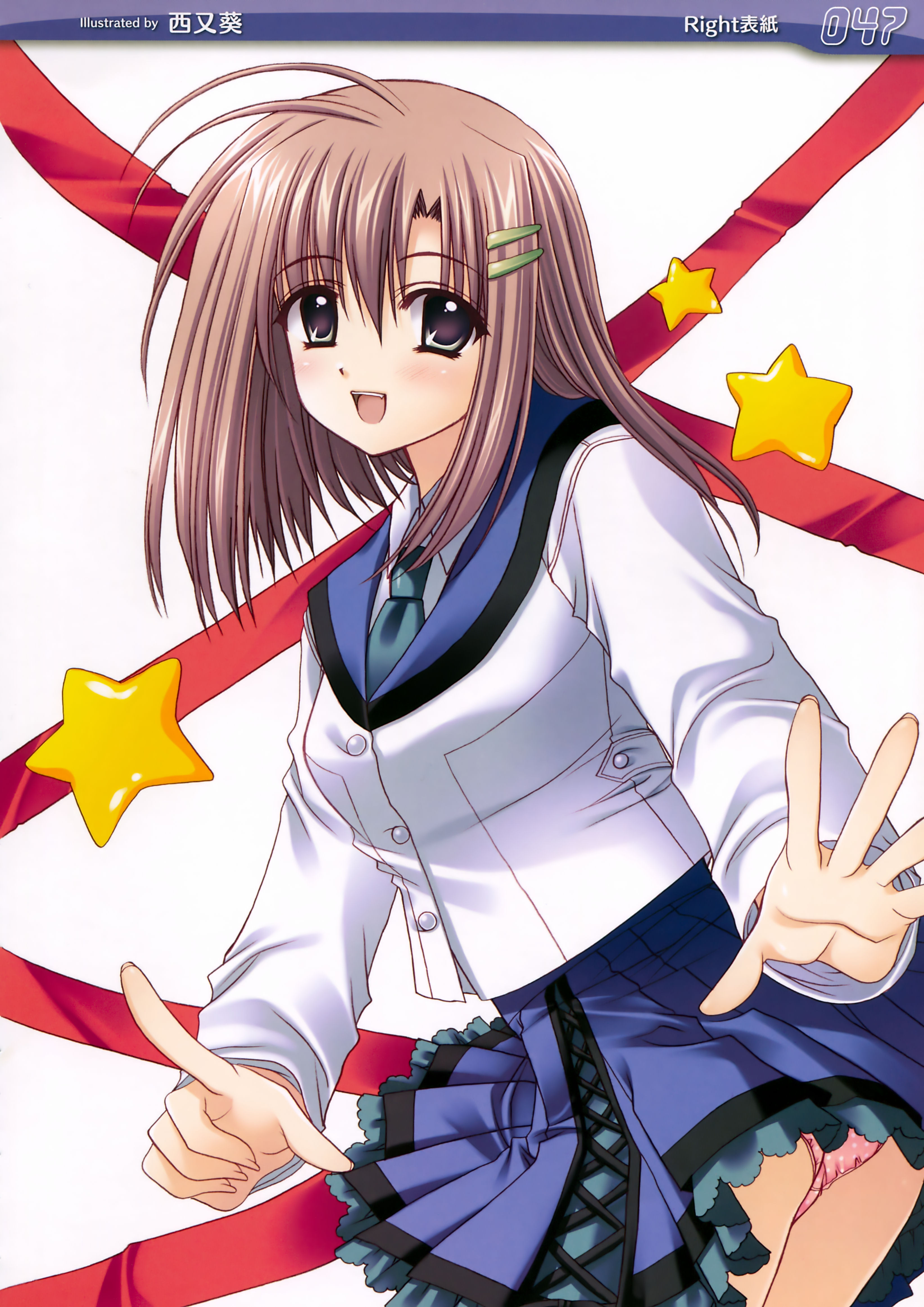 nishimata aoi, cleenex tissue, judgement chime, absurdres, highres, ass, brown hair, necktie, open mouth, panties, polka dot, polka dot panties, purple eyes, school uniform, star (symbol), underwear