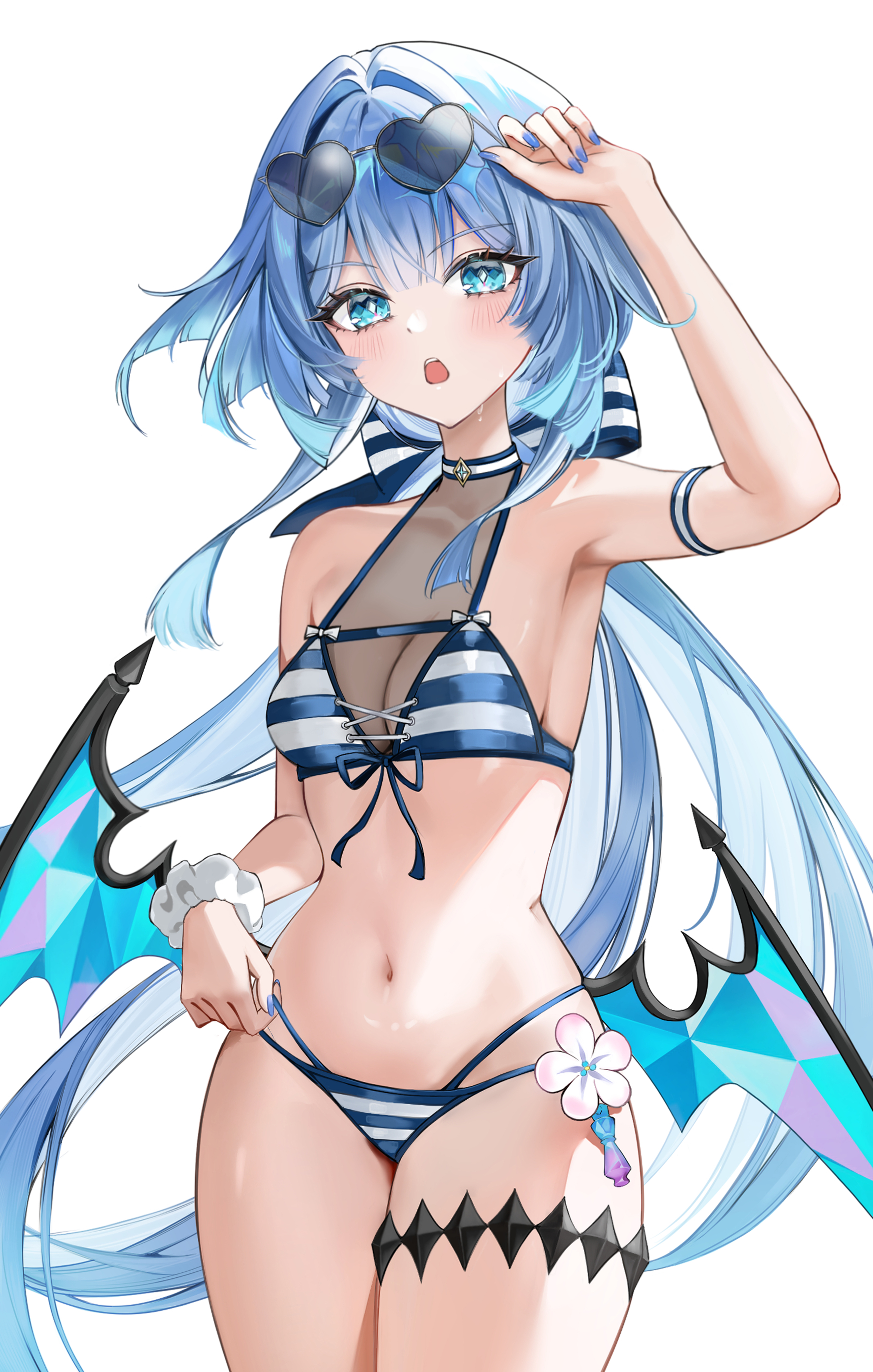 hasom, cerydra (honkai: star rail), honkai: star rail, honkai (series), absurdres, commentary, highres, 1girl, alternate costume, bikini, blue eyes, blue sandals, breasts, bright pupils, cleavage, cowboy shot, eyewear on head, floating hair, full body, heart, heart-shaped eyewear, long hair, looking at viewer, navel, open mouth, sandals, simple background, solo, standing, stomach, sunglasses, swimsuit, thighs, white background, white pupils, wings