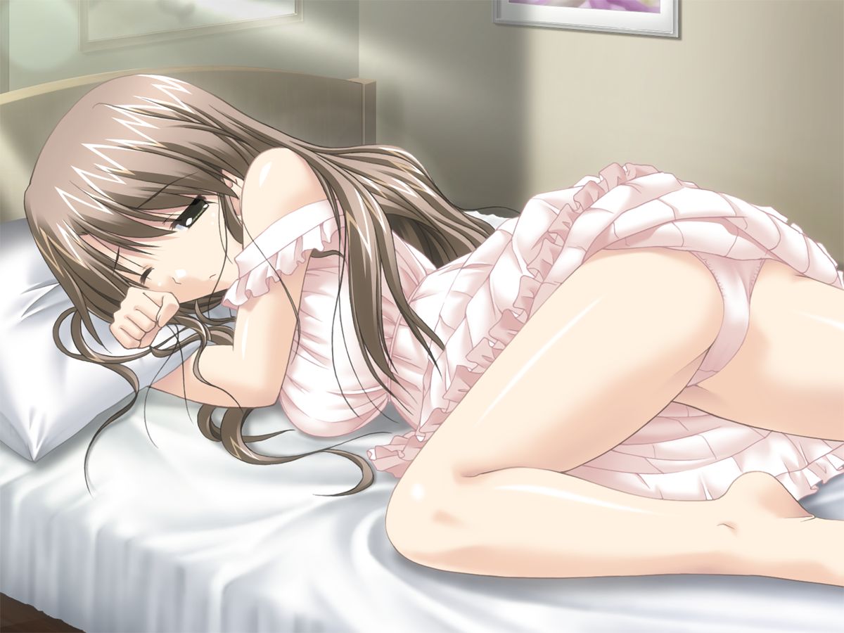 shikato miyo, takamura hanoka, hoshitsuguyo, game cg, 1girl, barefoot, bed, brown hair, clothes lift, dress, dress lift, female focus, grey eyes, long hair, lying, one eye closed, panties, pillow, pink panties, sleepy, solo, strap slip, underwear, wink