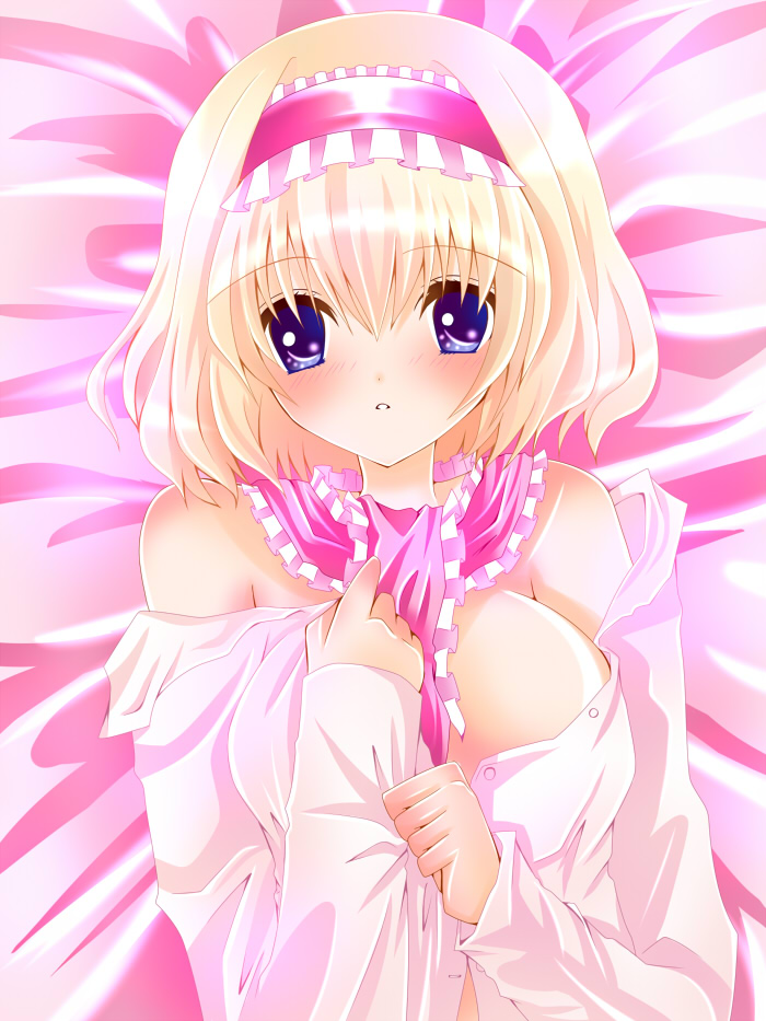 nanase nao, alice margatroid, touhou, bad id, bad pixiv id, 1girl, blonde hair, blue eyes, breasts, female focus, hairband, large breasts, lying, open clothes, open shirt, shirt, short hair, solo