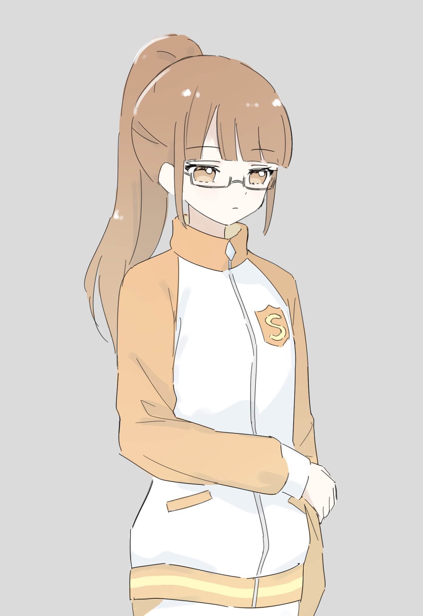 minami mirei, minami mirei (normal), pretty series, pripara, highres, 1girl, black-framed eyewear, blunt bangs, brown eyes, brown hair, closed mouth, cowboy shot, expressionless, glasses, grey background, hand on own arm, jacket, long hair, long sleeves, mossa m, orange jacket, ponytail, semi-rimless eyewear, simple background, solo, track jacket, under-rim eyewear