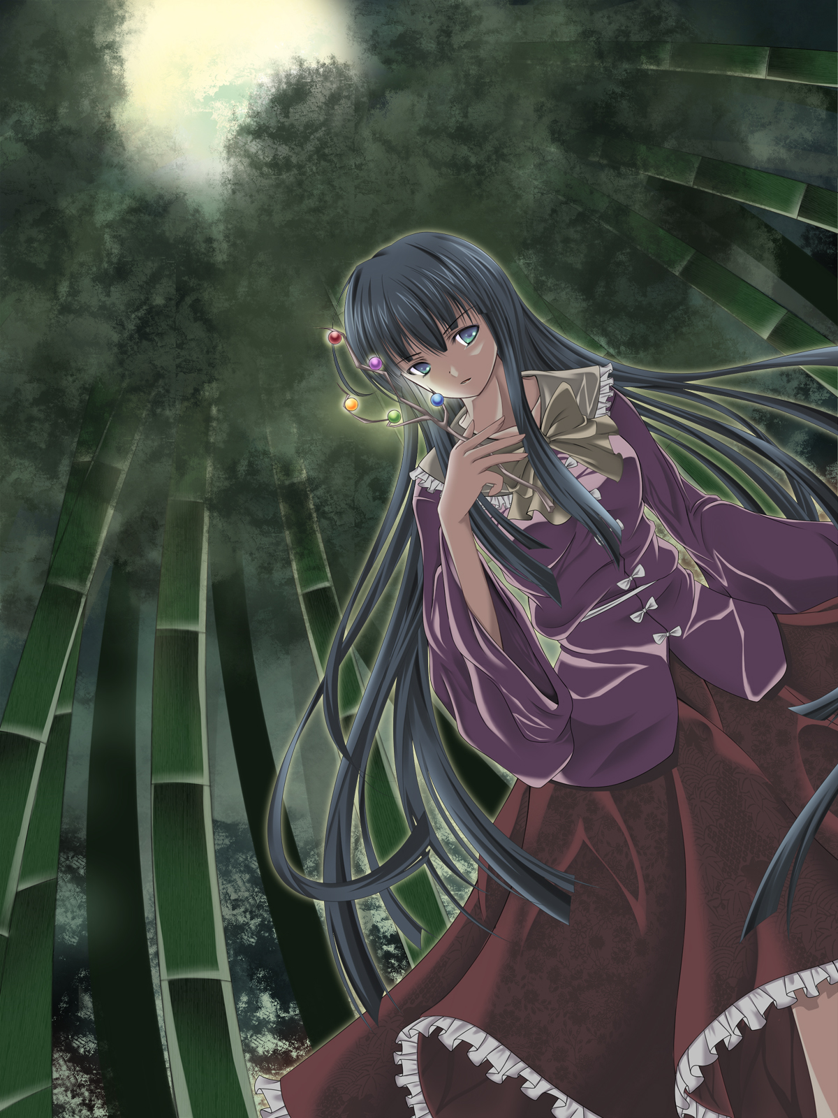 ahirun, houraisan kaguya, touhou, bad id, bad pixiv id, highres, 1girl, bamboo, bamboo forest, black hair, blue eyes, branch, dutch angle, female focus, forest, from below, green eyes, jeweled branch of hourai, long hair, multicolored eyes, nature, solo, very long hair