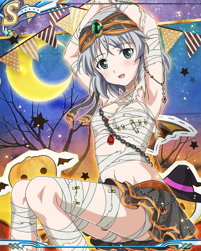 sanya v. litvyak, strike witches, world witches series, artist request, official art, 1girl, arabian clothes, arms up, blush, chain, gem, green eyes, halloween, halloween costume, jack-o'-lantern, looking at viewer, moon, mummy costume, open mouth, outdoors, short hair, sitting, skirt, solo, star (sky), tree, white hair