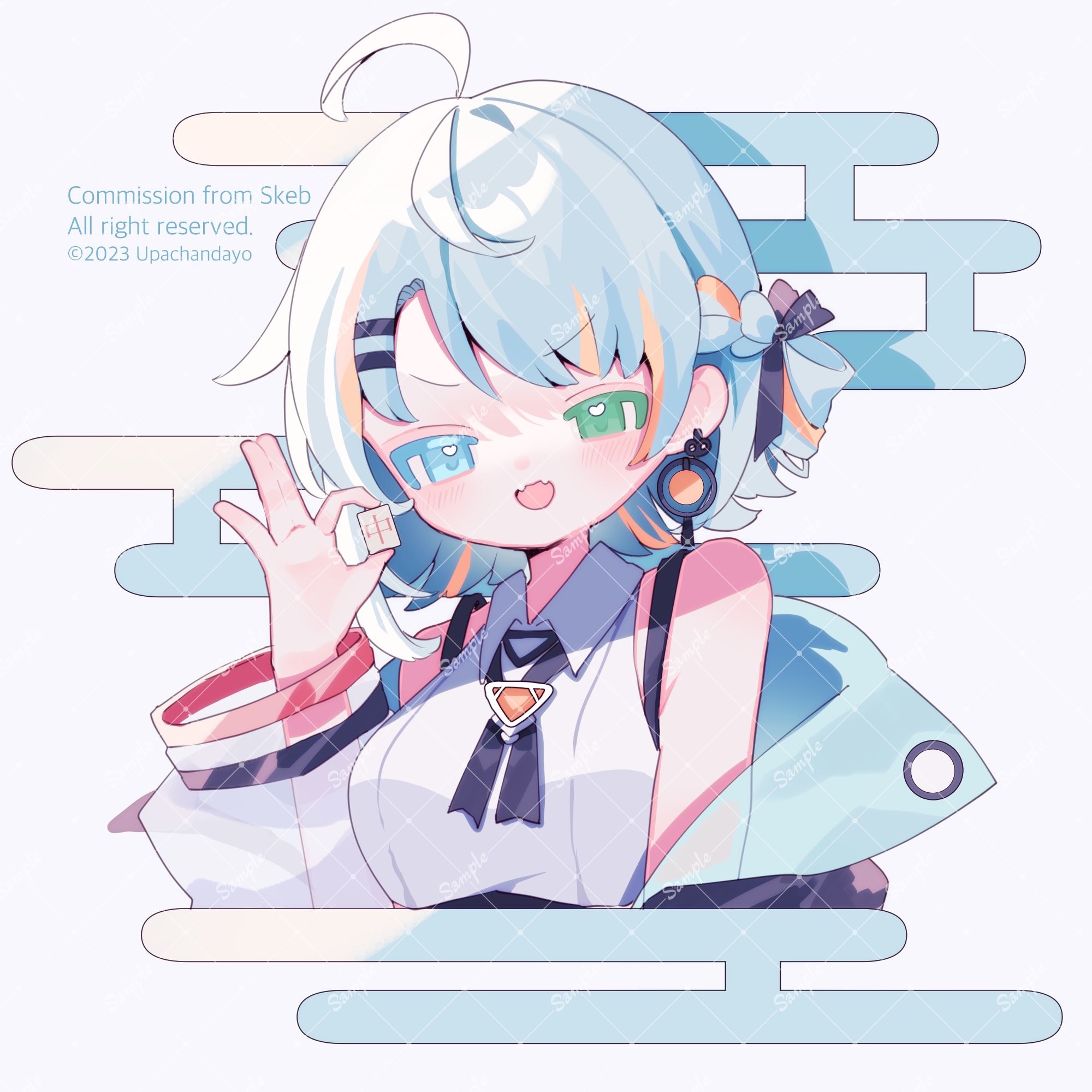 upa papa co, indie virtual youtuber, commentary, commission, highres, skeb commission, symbol-only commentary, 1girl, :d, ahoge, artist name, bare shoulders, blue background, blue eyes, blue hair, blush, breasts, collared shirt, cropped torso, green eyes, hand up, heterochromia, jacket, kokoku ico, long sleeves, looking at viewer, mahjong, mahjong tile, medium breasts, multicolored hair, off shoulder, open clothes, open jacket, open mouth, orange streaks, sample watermark, shirt, short hair, sleeveless, sleeveless shirt, smile, solo, streaked hair, virtual youtuber, watermark, watermark grid, white shirt