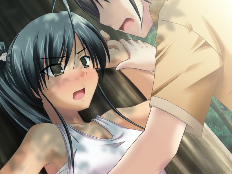 shikato miyo, kuryuu misaki, hoshitsuguyo, game cg, 1girl, against tree, arms up, black hair, blush, day, holding another's wrist, long hair, nature, open mouth, outdoors, outstretched arms, ponytail, sarashi, solo focus, spread arms, tank top, tree, yellow eyes