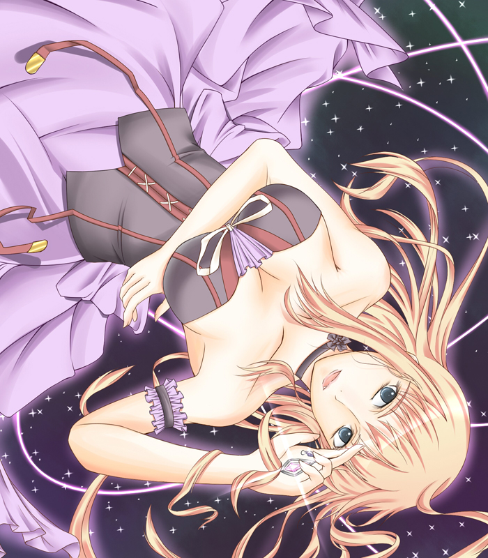 ahirun, sheryl nome, macross, macross frontier, bad id, bad pixiv id, 00s, blonde hair, blue eyes, breasts, choker, cleavage, dress, large breasts, long hair, lying, solo