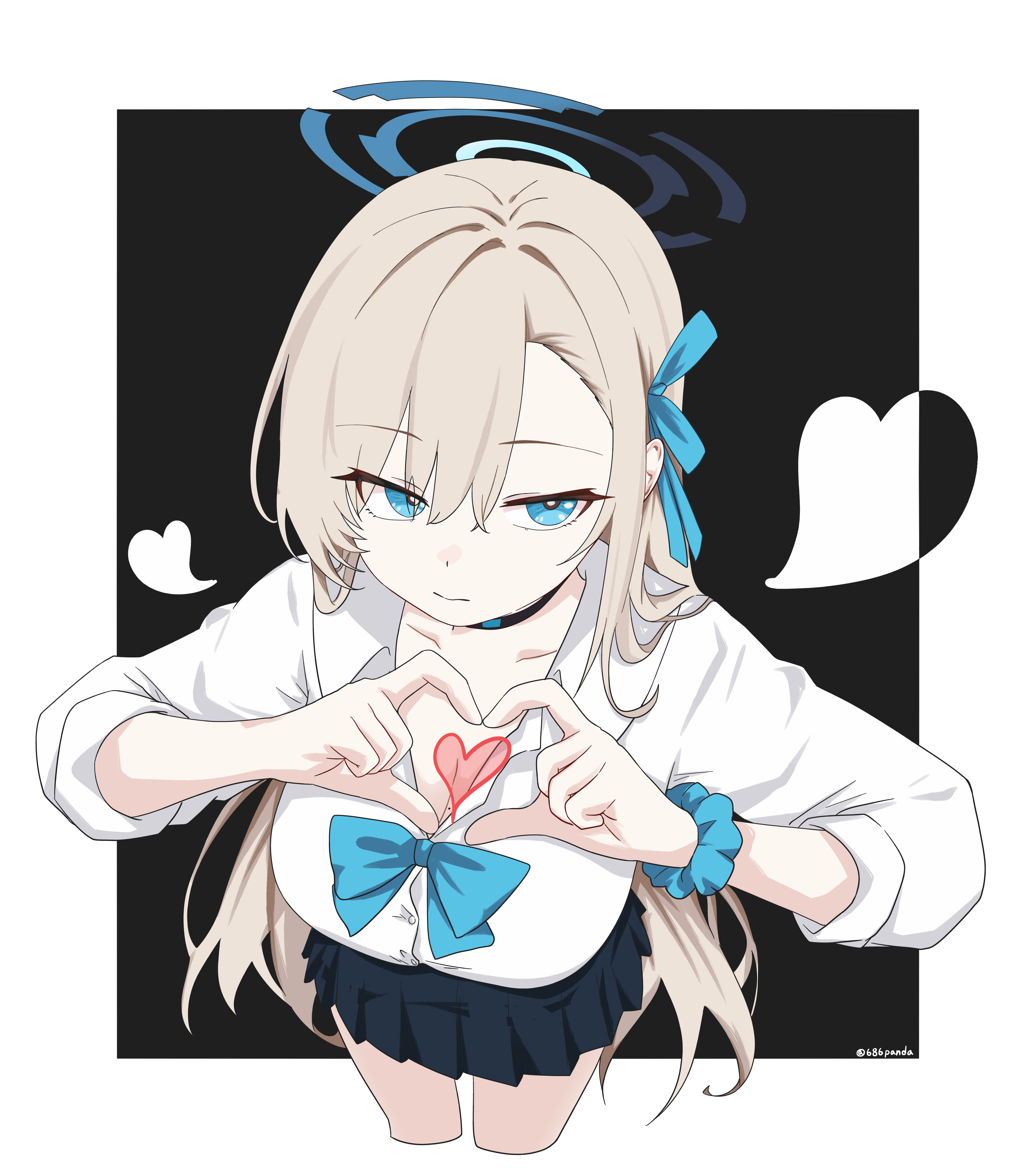 asuna (blue archive), asuna (school uniform) (blue archive), blue archive, absurdres, highres, 1girl, 686panda, black skirt, blonde hair, blue bow, blue bowtie, blue eyes, blue halo, blue scrunchie, bow, bowtie, breasts, cleavage, collarbone, four-finger heart hands, hair over one eye, halo, heart, heart hands, large breasts, long hair, looking at viewer, official alternate costume, pleated skirt, school uniform, scrunchie, shirt, skirt, sleeves rolled up, solo, thighs, very long hair, white shirt, wrist scrunchie