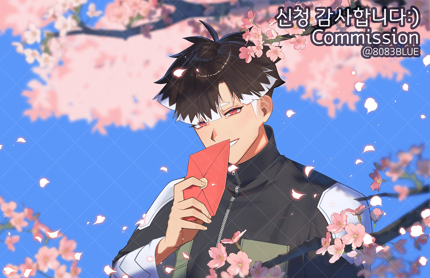 8083 blue, narumi gen, kaijuu no. 8, commentary, commission, 1boy, black hair, blue background, blurry, blurry background, branch, cherry blossoms, envelope, holding, holding envelope, long sleeves, looking at viewer, male focus, outdoors, parted lips, petals, pink eyes, short hair, solo, spring (season), upper body, zipper