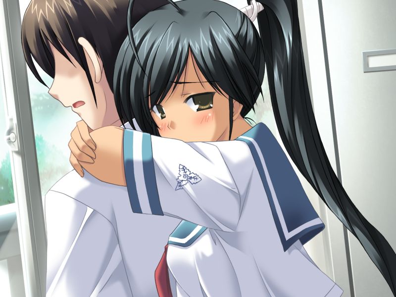 shikato miyo, kuryuu misaki, hoshitsuguyo, game cg, 1girl, ahoge, black hair, blush, faceless, faceless male, hug, long hair, looking back, open mouth, ponytail, school uniform, serafuku, solo focus, very long hair, window, yellow eyes