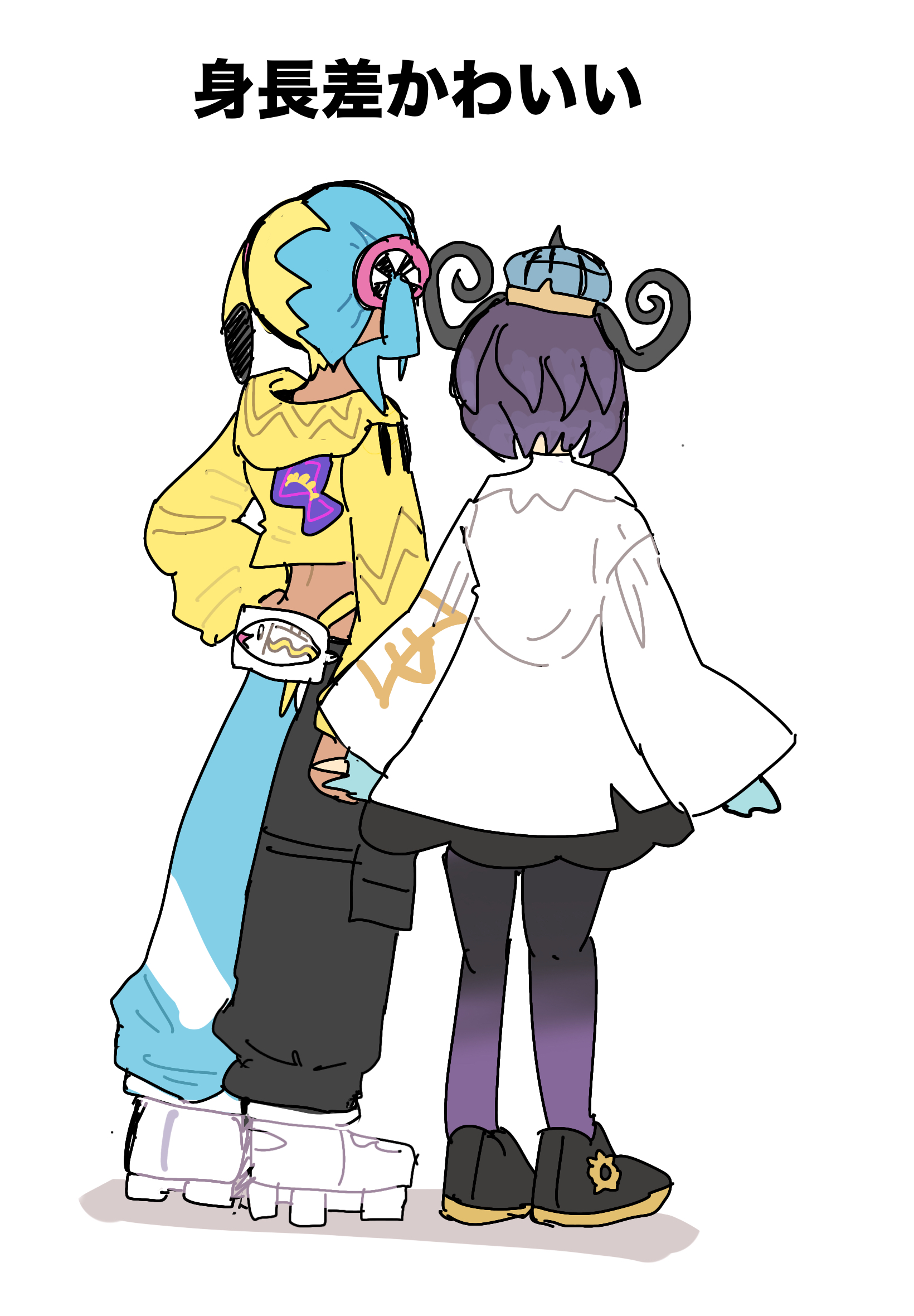 han0579, canari (pokemon), gwynn (pokemon), nintendo, pokemon, pokemon legends: z-a, bad id, bad pixiv id, highres, 2girls, aqua hair, black pants, black pantyhose, black shoes, blonde hair, blue gloves, blue pants, coat, cropped jacket, dark-skinned female, dark skin, from behind, full body, gloves, gradient pantyhose, hat, holding hands, jacket, long sleeves, multicolored hair, multiple girls, pants, pantyhose, partially fingerless gloves, purple hair, purple pantyhose, shoes, short hair, split-color hair, standing, two-tone hair, two-tone pants, white coat, white shoes, yellow jacket, yuri