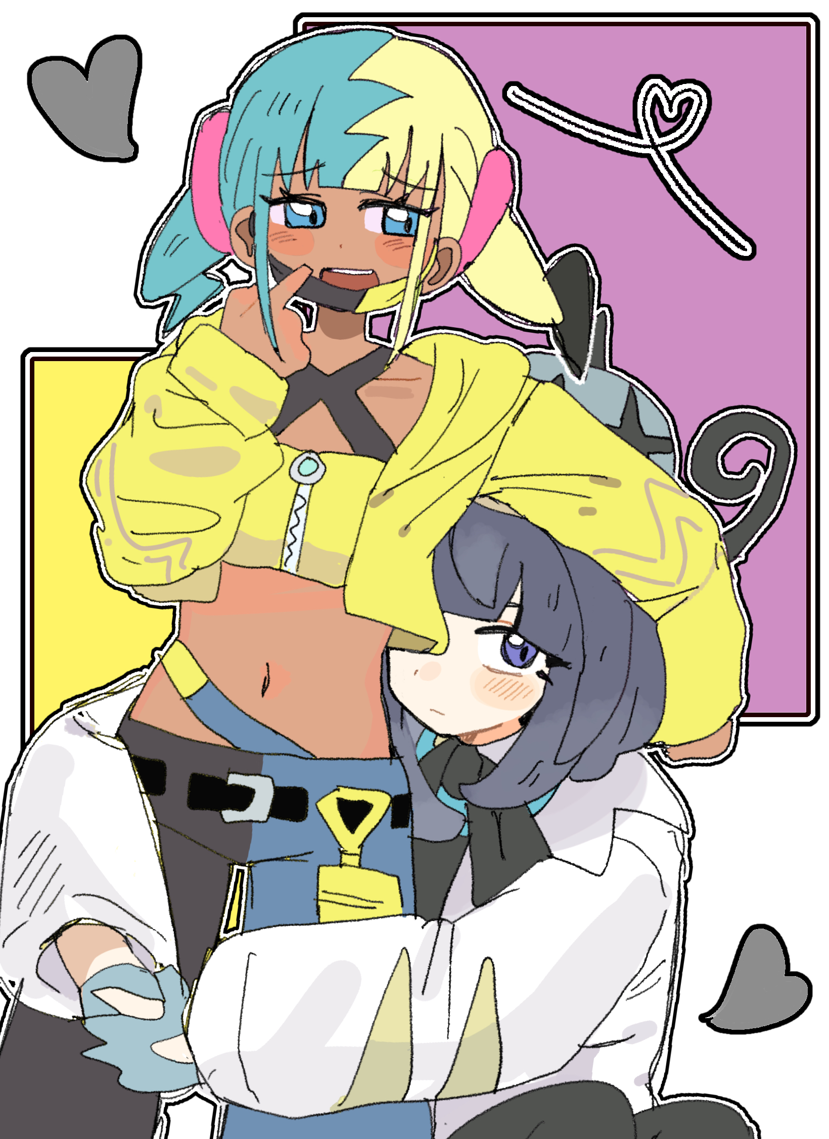 han0579, canari (pokemon), gwynn (pokemon), nintendo, pokemon, pokemon legends: z-a, bad id, bad pixiv id, highres, 2girls, aqua eyes, aqua hair, blonde hair, blue gloves, blush, closed mouth, coat, crop top, dark-skinned female, dark skin, eyelashes, gloves, heart, hug, hug from behind, jacket, long sleeves, looking at another, looking at viewer, mask, mask pull, mouth mask, multicolored hair, multiple girls, navel, open mouth, pants, partially fingerless gloves, purple eyes, purple hair, short hair, simple background, split-color hair, twintails, two-tone hair, white coat, yellow jacket
