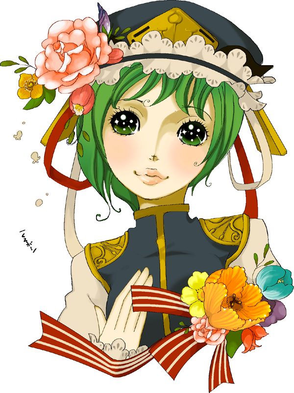 kawanabe, shiki eiki, touhou, bad id, bad pixiv id, 1girl, :3, female focus, flower, green eyes, green hair, hat, lips, parody, plant, short hair, simple background, solo, upper body, white background