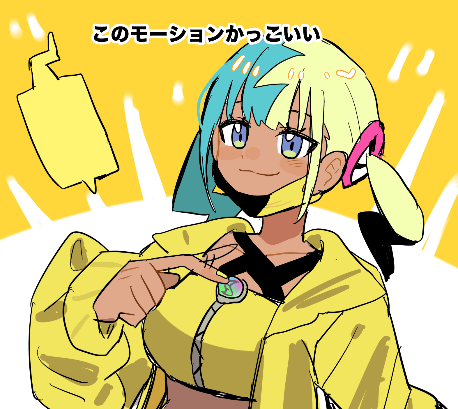 han0579, canari (pokemon), rotom, rotom phone, nintendo, pokemon, pokemon legends: z-a, bad id, bad pixiv id, highres, translation request, 1girl, aqua hair, blonde hair, crop top, gen 4 pokemon, jacket, long sleeves, looking at viewer, mask, mask pull, mega stone, mouth mask, multicolored hair, open clothes, open jacket, purple eyes, short hair, smile, solo, split-color hair, twintails, two-tone hair, upper body, yellow jacket