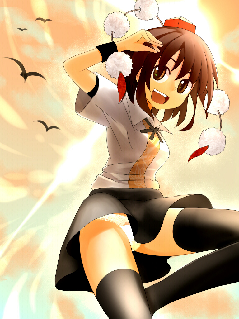 orga (pixiv), organ derwald, shameimaru aya, touhou, 1girl, bird, black hair, black thighhighs, brown eyes, brown hair, clothes lift, female focus, from below, hat, laughing, lingerie, looking down, miniskirt, open mouth, outdoors, panties, pantyshot, short hair, skirt, skirt lift, sky, smile, solo, standing, thighhighs, tokin hat, underwear, upskirt, wristband, zettai ryouiki