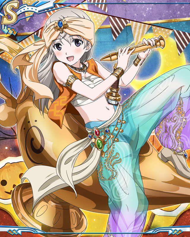 eila ilmatar juutilainen, strike witches, world witches series, artist request, official art, 1girl, arabian clothes, blush, collar, flute, gem, grey eyes, grey hair, holding, holding flute, holding instrument, instrument, jack-o'-lantern, jewelry, long hair, looking at viewer, navel, night, open mouth, outdoors, pumpkin, sitting, stomach, tree