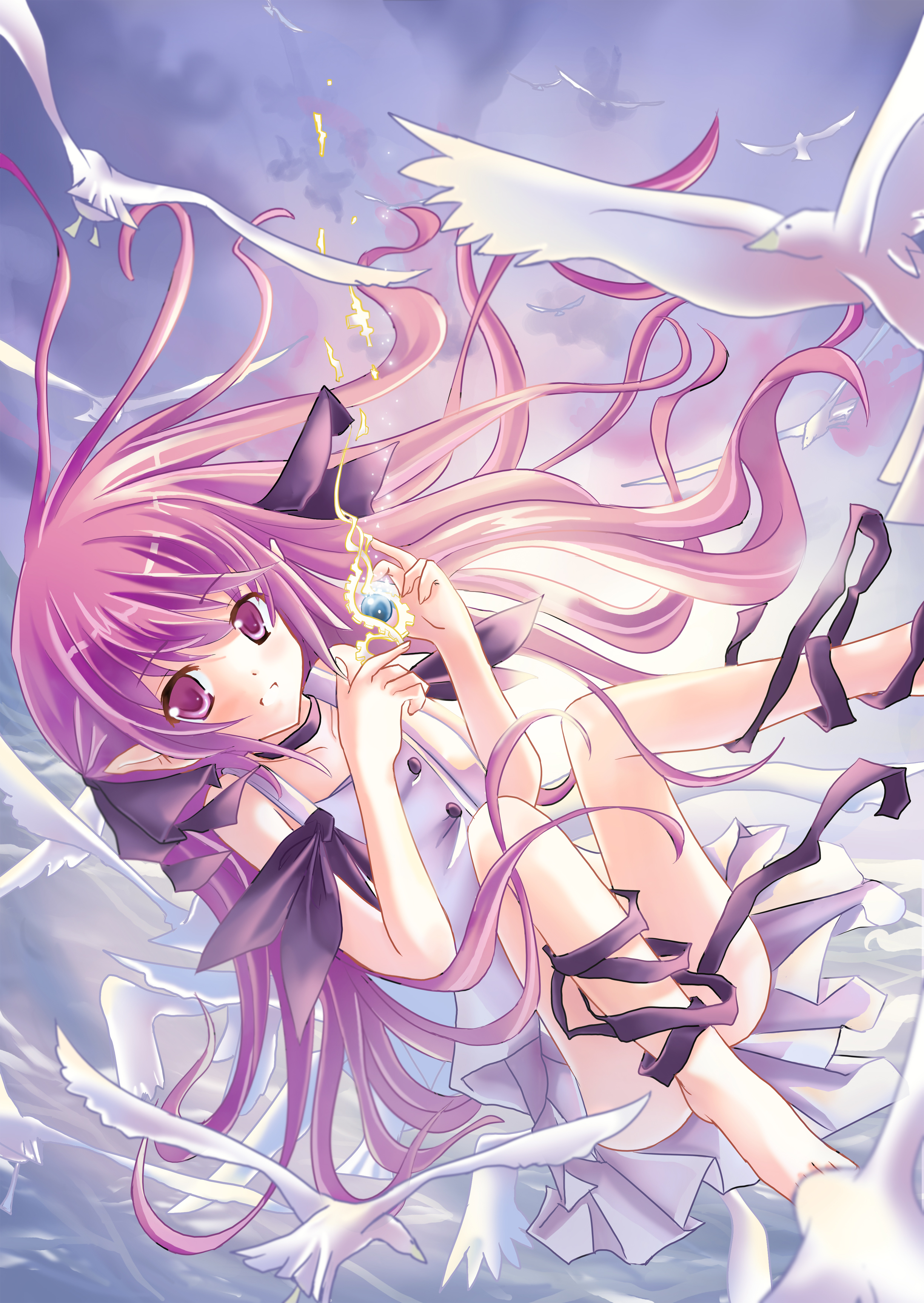 xephonia, original, absurdres, highres, barefoot, bird, dove, elf, magic, pointy ears, purple eyes, purple hair, ribbon, solo