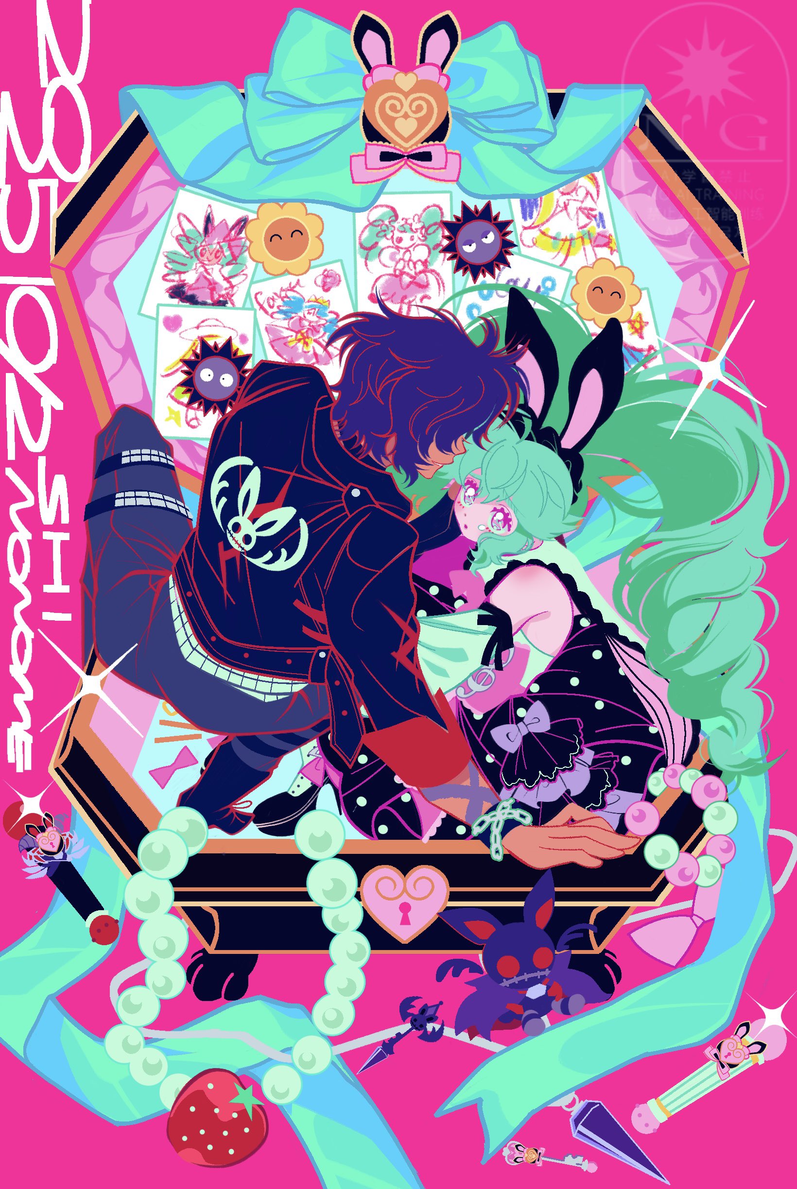shino bunnys, katasumi amari, mario (rabbit) (pripara), pretty series, pripara, absurdres, highres, 1boy, 1girl, bead necklace, beads, black jacket, black pants, blue hair, box, dark-skinned male, dark skin, detached sleeves, drawing (object), drill hair, food, fruit, green hair, idol land pripara, in box, in container, jacket, jewelry, key, keyhole, long hair, long sleeves, looking at another, mario (pripara), microphone, necklace, pants, paper, pink background, polka dot, polka dot skirt, short hair, skirt, sparkle, strawberry, stuffed animal, stuffed rabbit, stuffed toy, tearing up, twin drills, twintails