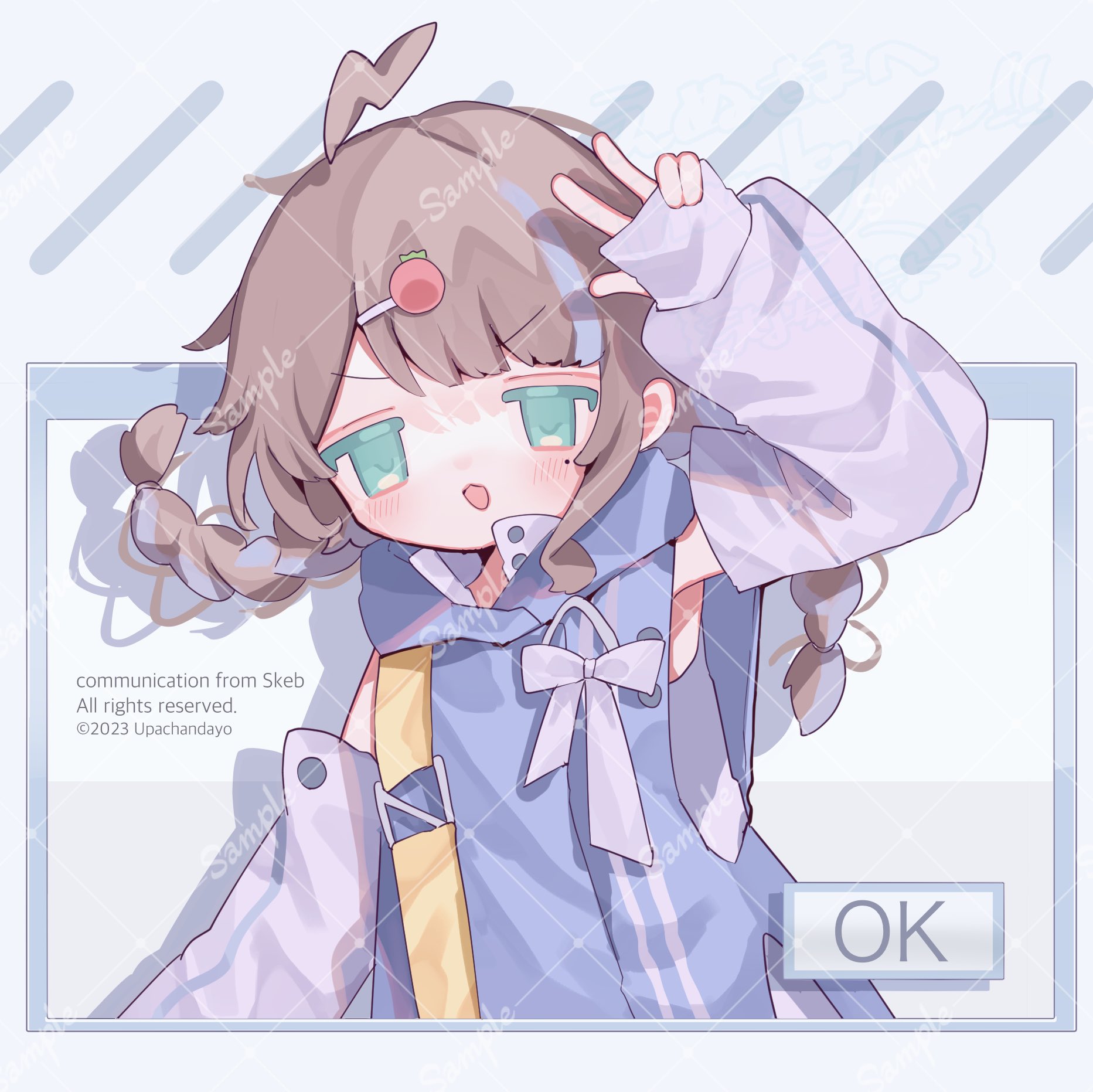 upa papa co, indie virtual youtuber, commentary, commission, highres, skeb commission, symbol-only commentary, 1girl, :d, ahoge, arm up, artist name, bare shoulders, blue hoodie, blunt bangs, blush, brown hair, detached sleeves, enu (vtuber), green eyes, hair ornament, hood, hood down, hoodie, long hair, long sleeves, mole, mole under eye, multicolored hair, open mouth, purple sleeves, purple streaks, sample watermark, sleeveless, sleeveless hoodie, sleeves past wrists, smile, solo, streaked hair, upper body, virtual youtuber, w, watermark, watermark grid, window (computing)