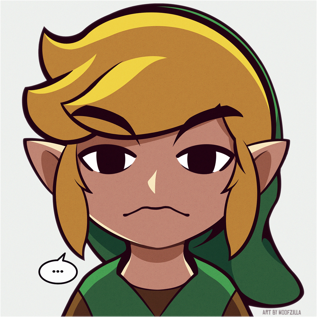 woofzilla, link, toon link, nintendo, the legend of zelda, the legend of zelda: the wind waker, commentary, english commentary, highres, …, 1boy, black eyes, blonde hair, closed mouth, green hat, grey background, hat, looking at viewer, male focus, pointy ears, short hair, sidelocks, simple background, solo, spoken ellipsis, unamused, upper body