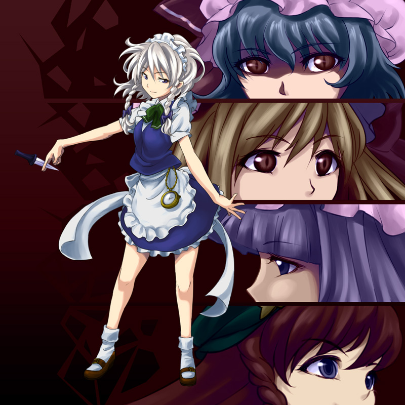 tenten (artist), tenten (edp666), flandre scarlet, hong meiling, izayoi sakuya, patchouli knowledge, remilia scarlet, embodiment of scarlet devil, touhou, silver hair, 5girls, blonde hair, blue eyes, blue hair, braid, female focus, hairband, hat, knife, long hair, multiple girls, pocket watch, purple hair, red eyes, red hair, short hair, twin braids, watch