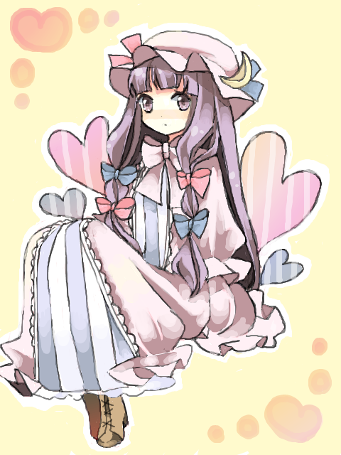 lk (artist), patchouli knowledge, touhou, cross-laced footwear, striped, bad id, bad pixiv id, 1girl, blunt bangs, bow, crescent, crescent moon, female focus, hair bow, hair ribbon, hat, heart, long hair, moon, multiple hair bows, pink bow, purple eyes, purple hair, ribbon, sitting, solo