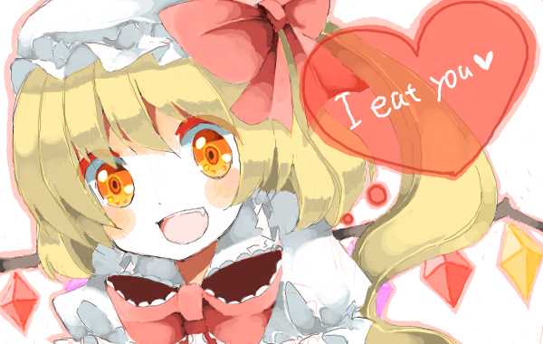 lk (artist), flandre scarlet, touhou, bad id, bad pixiv id, 1girl, blonde hair, english text, engrish text, fang, female focus, hat, one side up, orange eyes, ponytail, ranguage, short hair, side ponytail, solo, wings