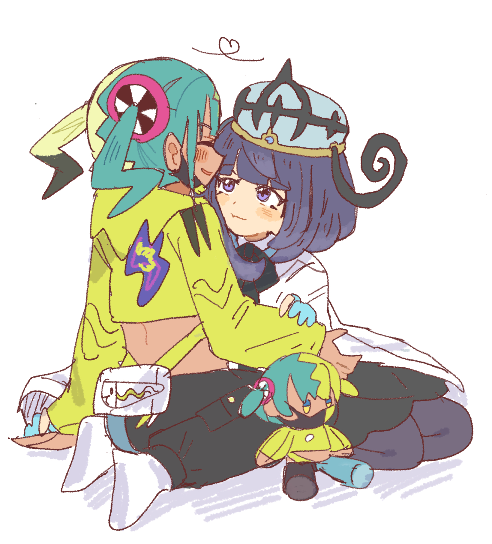 han0579, canari (pokemon), gwynn (pokemon), nintendo, pokemon, pokemon legends: z-a, bad id, bad pixiv id, highres, 2girls, black dress, black hair, blonde hair, blue gloves, blue hair, blush, canari plush (pokemon), character doll, closed eyes, closed mouth, coat, cropped jacket, dark-skinned female, dark skin, doll, dress, gloves, heart, long hair, looking at another, multicolored hair, multiple girls, open clothes, open coat, open mouth, pantyhose, partially fingerless gloves, purple eyes, seiza, short hair, sitting, split-color hair, twintails, two-tone hair, very long hair, white background, white coat, yuri