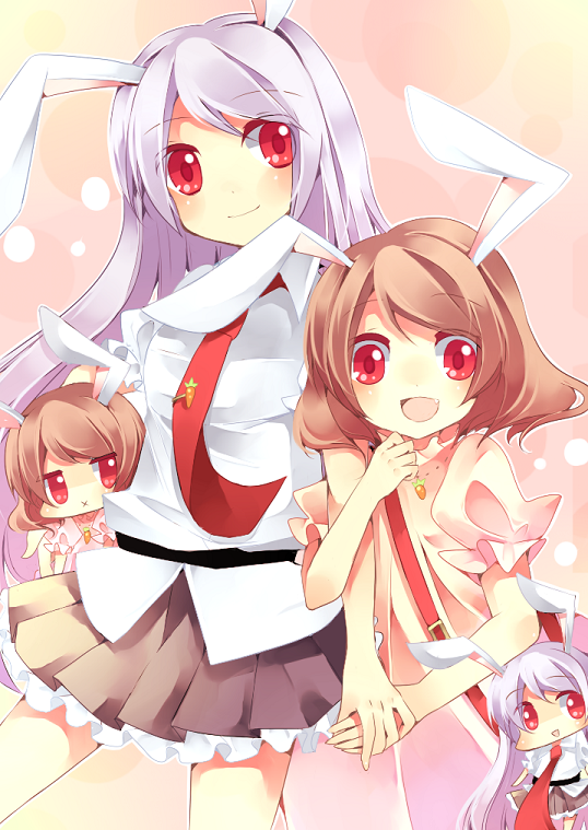 lk (artist), inaba tewi, reisen udongein inaba, touhou, bad id, bad pixiv id, 4girls, animal ears, brown hair, carrot, chibi, dual persona, fang, female focus, frills, holding hands, laughing, long hair, miniskirt, multiple girls, necktie, pleated skirt, purple hair, rabbit ears, red eyes, red necktie, short hair, skirt, smile, standing, x mouth