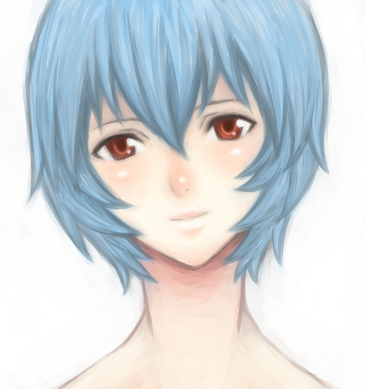 riichi, shun (nikoru555), ayanami rei, neon genesis evangelion, bad id, bad pixiv id, 1girl, blue hair, female focus, portrait, red eyes, solo
