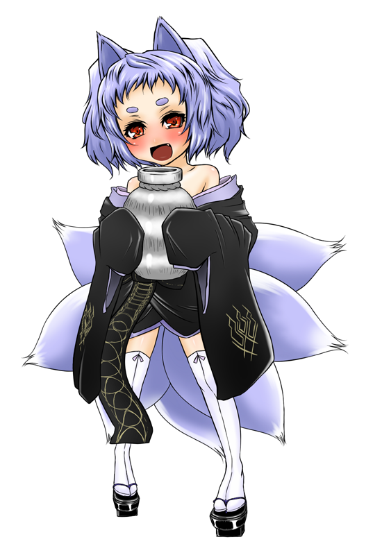 suzuya wataru, animal ears, bare shoulders, blue hair, fox ears, fox tail, geta, japanese clothes, kitsune, kyuubi, multiple tails, short hair, solo, tail, thighhighs