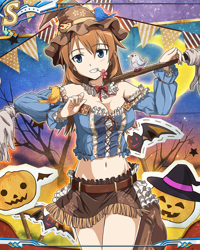 charlotte e. yeager, strike witches, world witches series, artist request, official art, 1girl, bat (animal), bird, blue eyes, breasts, feet out of frame, halloween, halloween costume, hat, jack-o'-lantern, large breasts, long hair, looking to the side, navel, night, orange hair, outdoors, pumpkin, skirt, sky, smile, solo, standing, star (sky), starry sky, stomach, tree