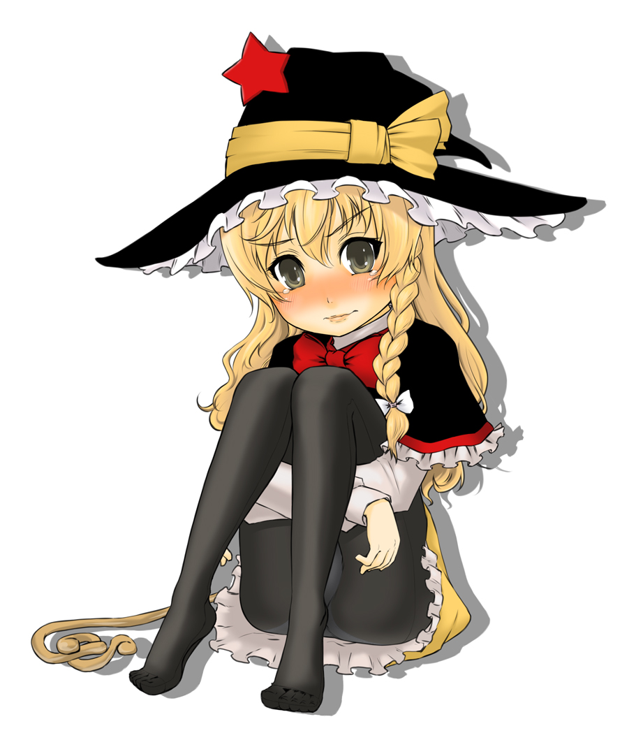 suzuya wataru, kirisame marisa, touhou, undefined fantastic object, 1girl, blonde hair, blush, braid, capelet, feet, female focus, hat, hugging own legs, long hair, pantyhose, solo, tears, witch, witch hat