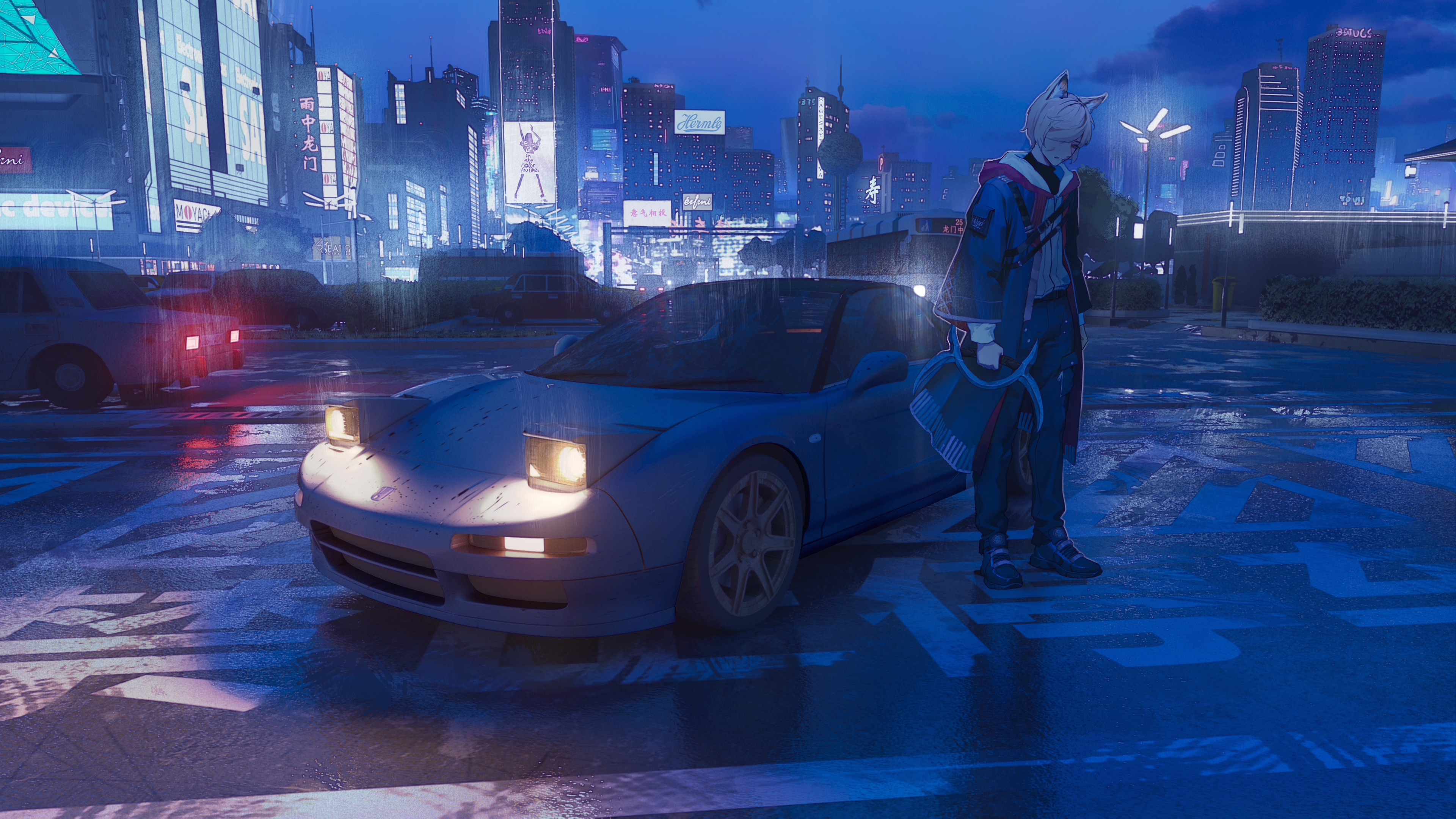 reisen13, honda, absurdres, character request, copyright request, highres, official art, 1boy, animal ears, building, car, city, city lights, clenched teeth, coat, grey hair, headlight beam, holding, holding weapon, honda nsx, hood, hood down, lamppost, long sleeves, looking down, motor vehicle, night, outdoors, pants, parking lot, pop-up headlights, rain, scenery, shoes, short hair, skyscraper, sleeve pouch, solo, standing, teeth, weapon
