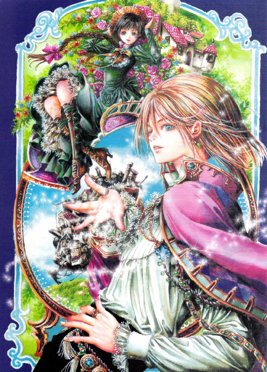 nao tsukiji, howl, sophie, sophie hatter (howl no ugoku shiro), howl no ugoku shiro, studio ghibli, howl pendragon, highres, 00s, 1boy, 1girl, blonde hair, blue eyes, bow, braid, brown hair, earrings, flower, green eyes, hair bow, jewelry, long hair, pendant, ribbon, ring, short hair