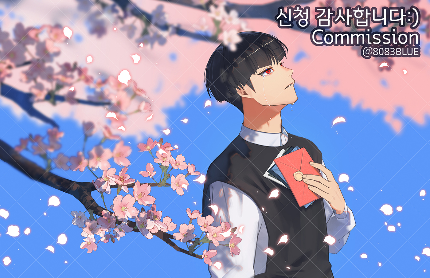 8083 blue, hoshina soshiro, kaijuu no. 8, commentary, commission, 1boy, black hair, blue background, branch, cherry blossoms, crying, day, envelope, flower, holding, holding envelope, long sleeves, male focus, outdoors, petals, pink flower, red eyes, shirt, short hair, sideburns, solo, spring (season), white shirt