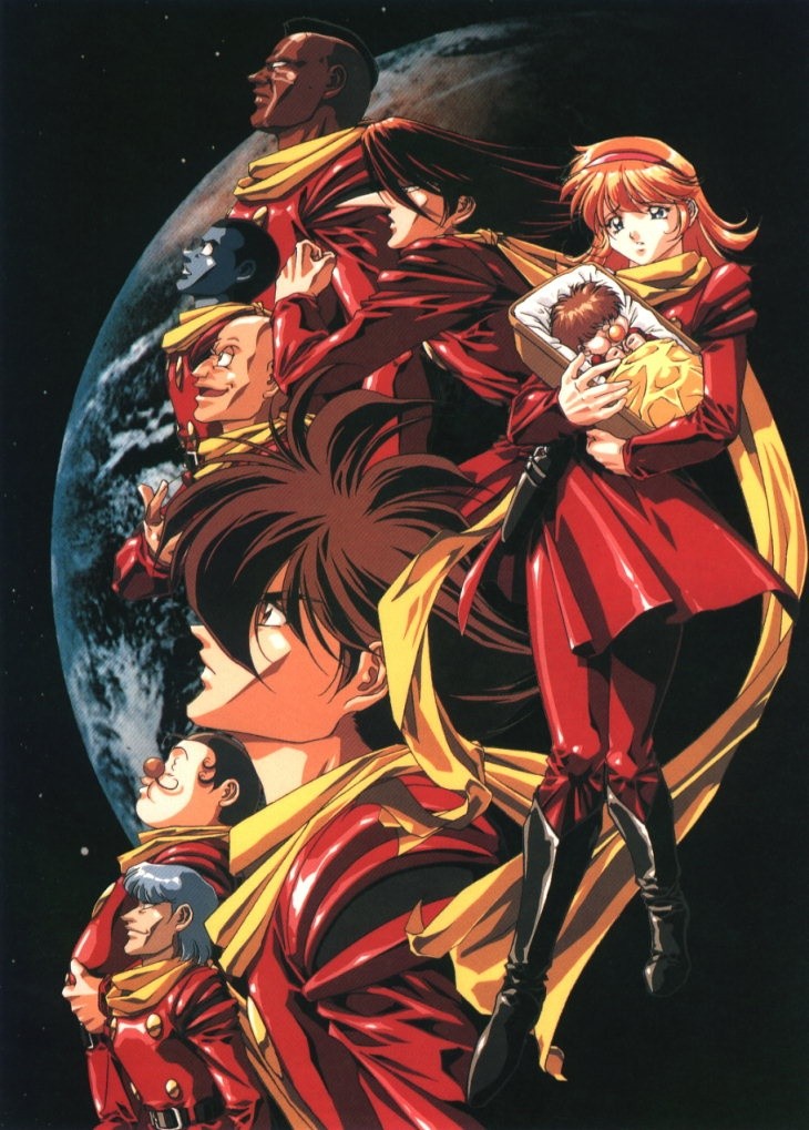 albert heinrich, chang changku, francoise arnoul, geronimo jr, great britain (cyborg 009), ivan whisky, jet link, pyunma, shimamura joe, cyborg 009, 1girl, 6+boys, baby, brown hair, character name, cyborg, dark-skinned male, dark skin, earth (planet), facial hair, long hair, long nose, multiple boys, mustache, orange hair, planet, robot, space