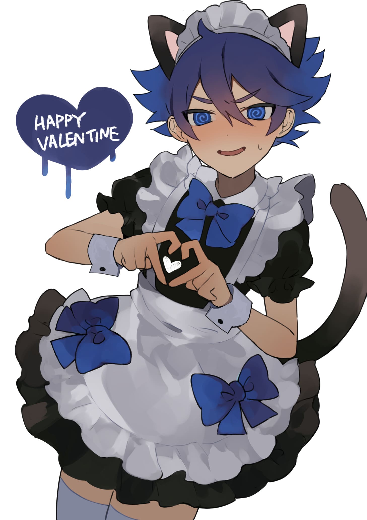 lzesmelt, ludwig von koopa, mario (series), nintendo, highres, 1boy, @ @, animal ears, apron, blue bow, blue eyes, blue hair, blush, bow, bowtie, cat ears, cat tail, cowboy shot, crossdressing, crossdressing (mtf), hair between eyes, happy valentine, head tilt, heart, heart hands, humanization, maid, maid apron, maid headdress, male focus, male maid, small sweatdrop, smile, solo, tail, thighhighs, white background, white thighhighs, wrist cuffs