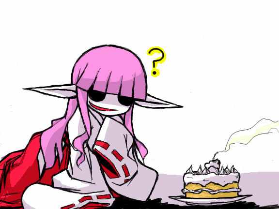 akirame miko, ?, cake, candle, food, japanese clothes, miko, pointy ears, purple hair, smile, smoke