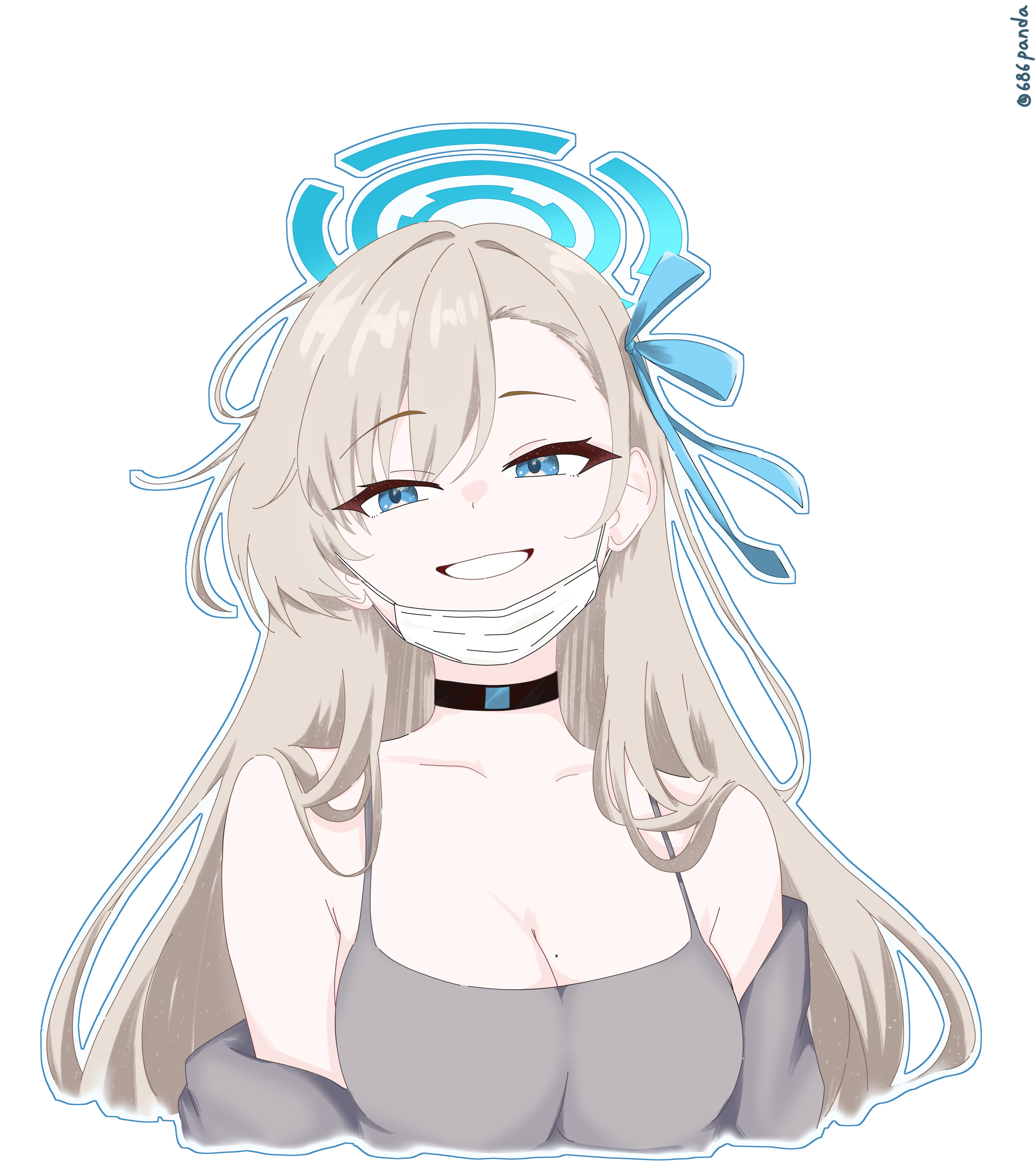asuna (blue archive), blue archive, absurdres, highres, 1girl, 686panda, alternate costume, bare shoulders, blonde hair, blue eyes, blue halo, breasts, brown dress, brown jacket, choker, cleavage, collarbone, dongtan dress, dress, grin, hair over one eye, hair ribbon, halo, jacket, large breasts, long hair, looking at viewer, mask, mole, mole on breast, mouth mask, ribbon, smile, solo, very long hair, white background
