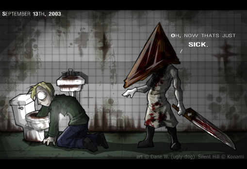 ugly-dog, james sunderland, pyramid head, silent hill, silent hill (series), silent hill 2, blood, helmet, jacket, sword, text focus, toilet, weapon