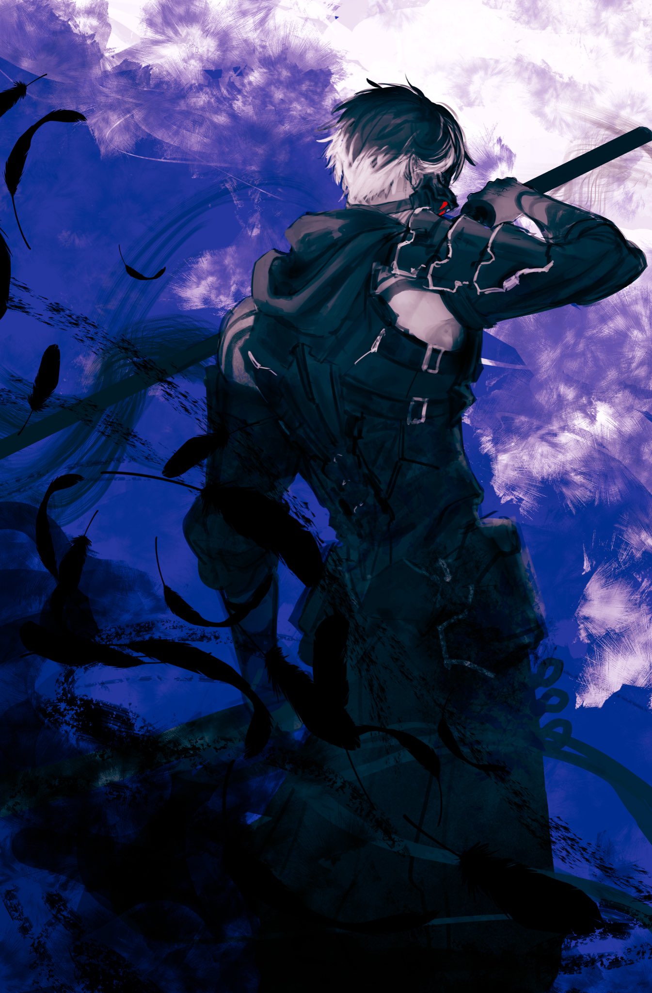 momota ro5555, yakumo (ninja gaiden), ninja gaiden, ninja gaiden 4, commentary request, highres, 1boy, bare shoulders, black feathers, black hair, feathers, from behind, holding, holding sword, holding weapon, male focus, mask, mouth mask, multicolored hair, ninja, purple theme, solo, sword, two-tone hair, weapon, white hair